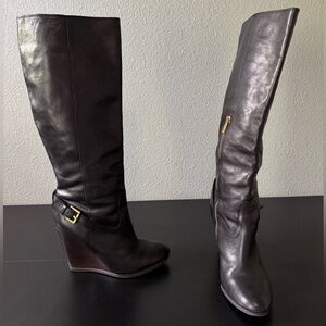Coach Women’s Elegant Black Leather Knee-High Wedge Boots 9